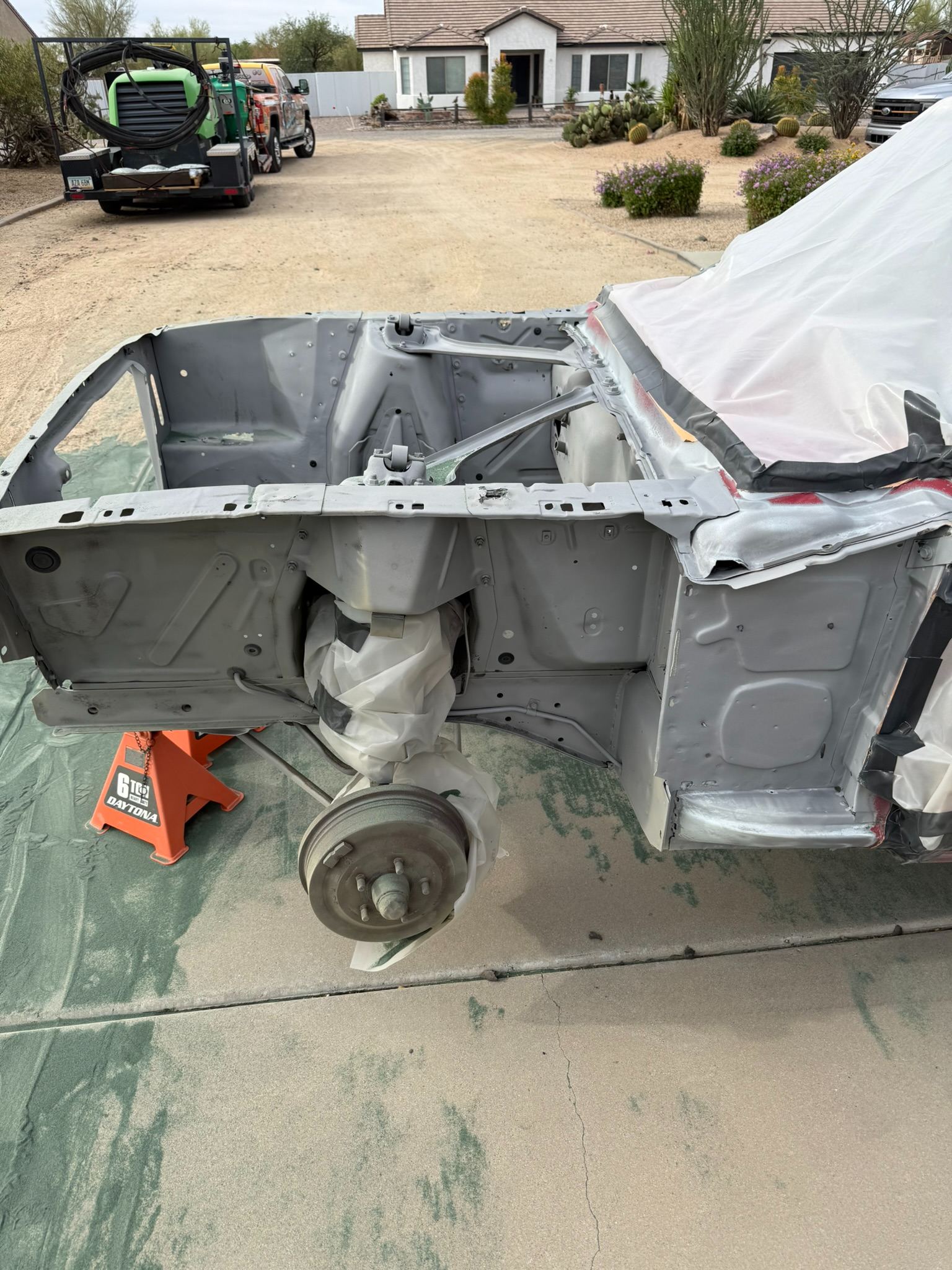 The Mustang shell in the garage